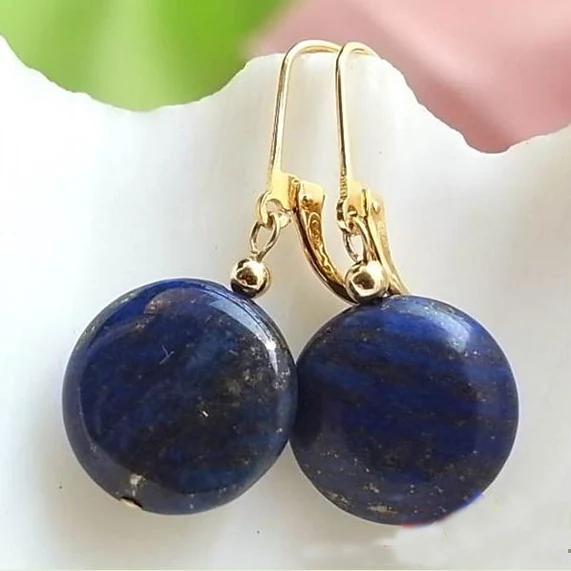 

New Arrival Favorite Pearl Drop Earring 14mm Blue Lapis Lazuli Coin Beads Gold Dangle Earring Fine Jewelry Birthday Lady Gift