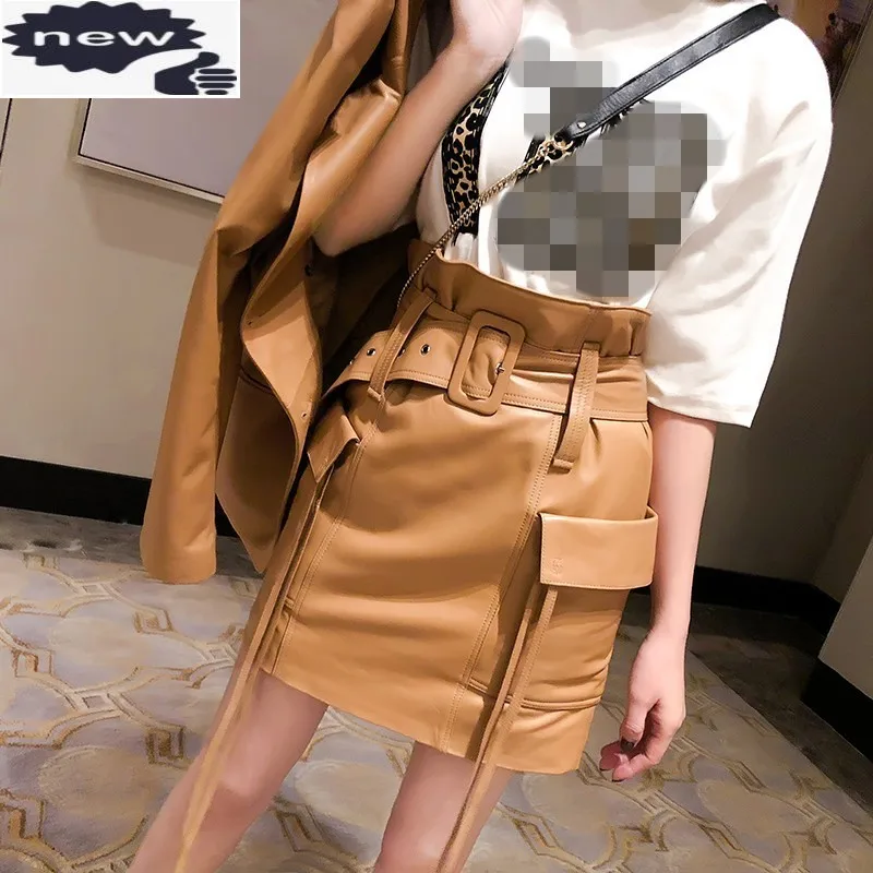 

Safari Style Genuine Leather Women Brand Pockets High Waist Wrap Skirts Zipper Tassel Street Biker Sheepskin Mini Skirt