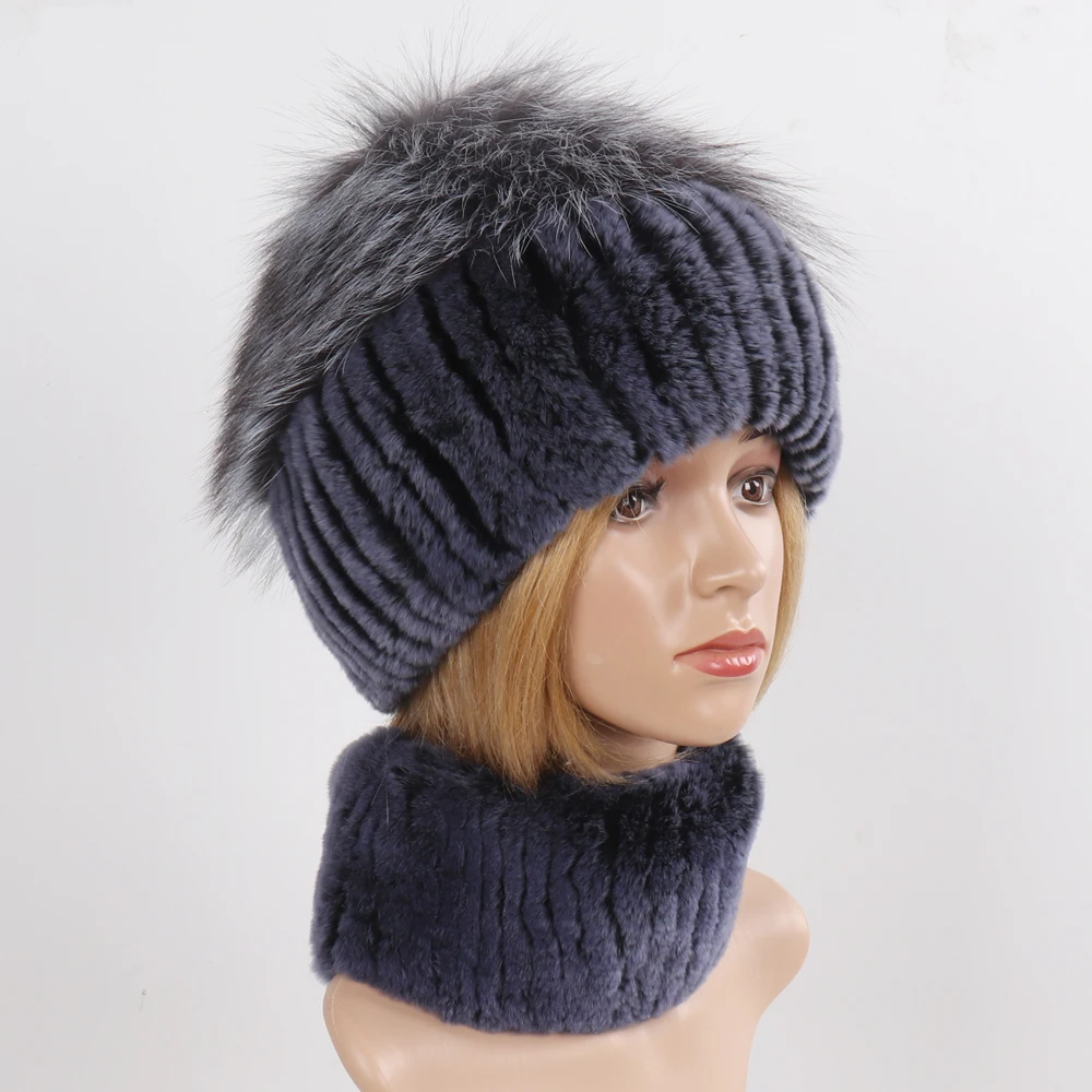 Women's Winter Warm Genuine Fur Hat Scarf Set Real Rex Rabbit Fur Cap with Silver Fox Scarves 2-Piece Natural Fashion Accessory