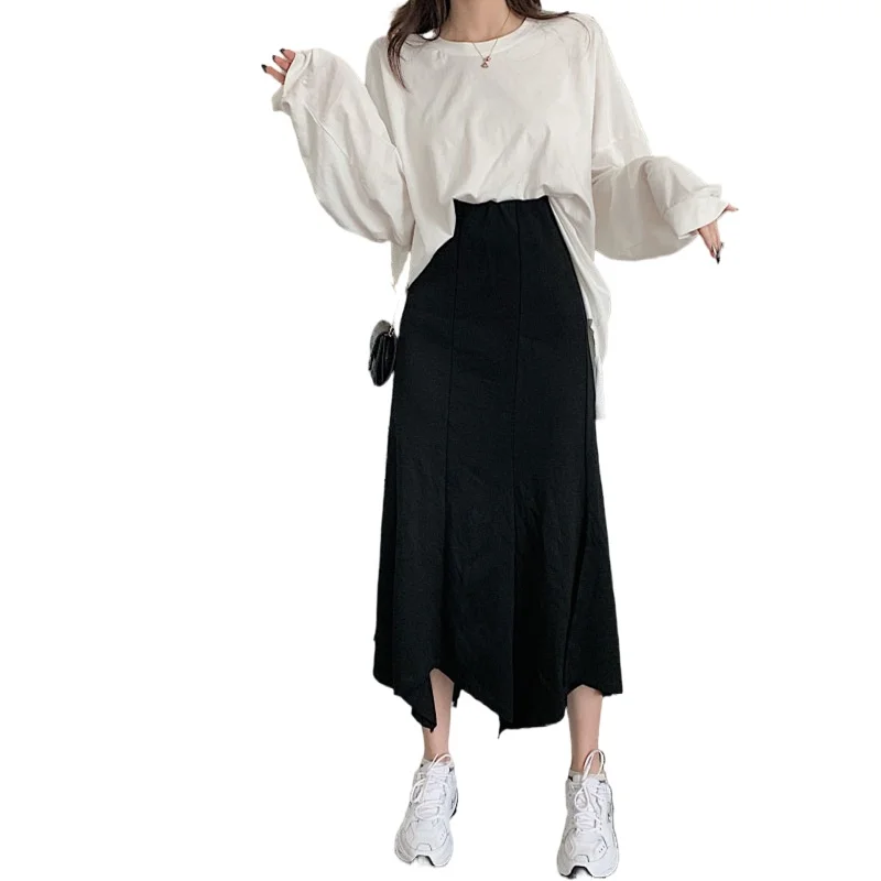 Winter Women Draped Rib Pleated Skirt Elastic High Waist Long Skirt Female Autumn Ladies High Quality Midi Skirt Oversized Grey