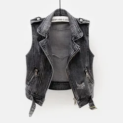 Fashion Denim Vest Female Spring Autumn Sleeveless Wild Tops Short Tank Jacket Women  5XL Smoky Gray Jean Waistcoat KW432