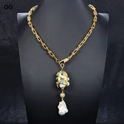 G-G Gold Color Plated Chain Statement Necklace Blue Larimar Freshwater White Keshi Pearl Pendant Necklace For Women
