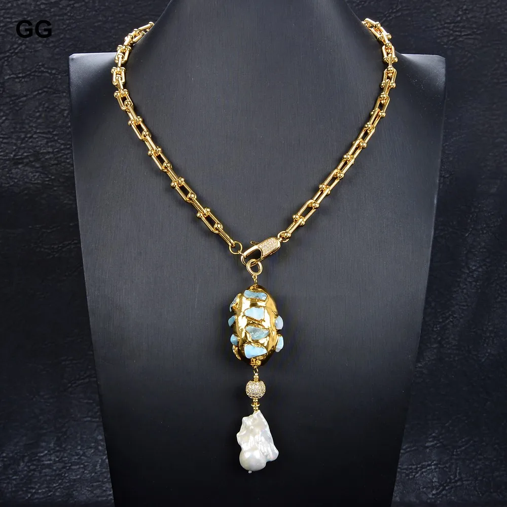 G-G Gold Color Plated Chain Statement Necklace Blue Larimar Freshwater White Keshi Pearl Pendant Necklace For Women