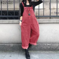 Corduroy Overalls Women's Summer Bib Jumpsuits ZANZEA 2026 Casual Suspender Harem Pants Female Solid Rompers Femme Oversize