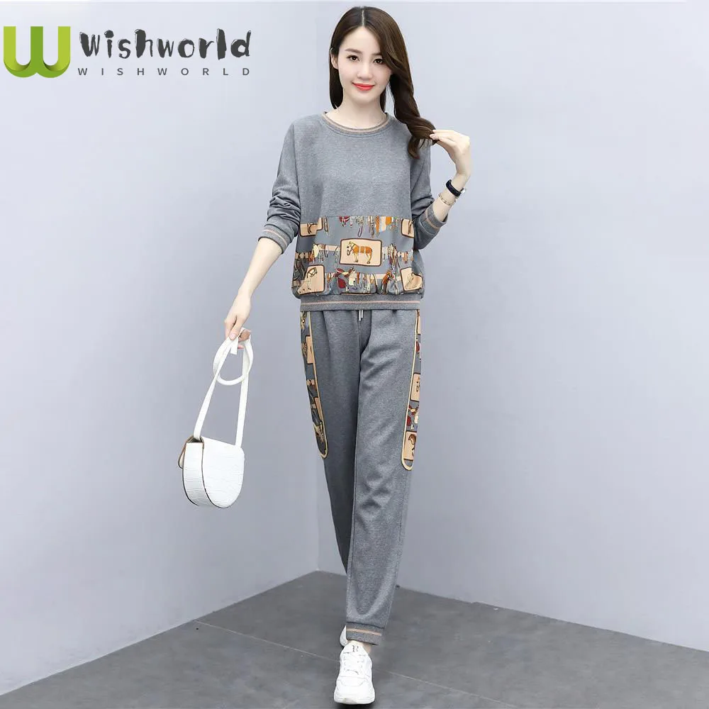 

2021 New Age Season Big Yards Ladies' Printed Long-sleeve Loose Beam Foot Haroun Pants Two-piece Leisure Fashion Sports Suits