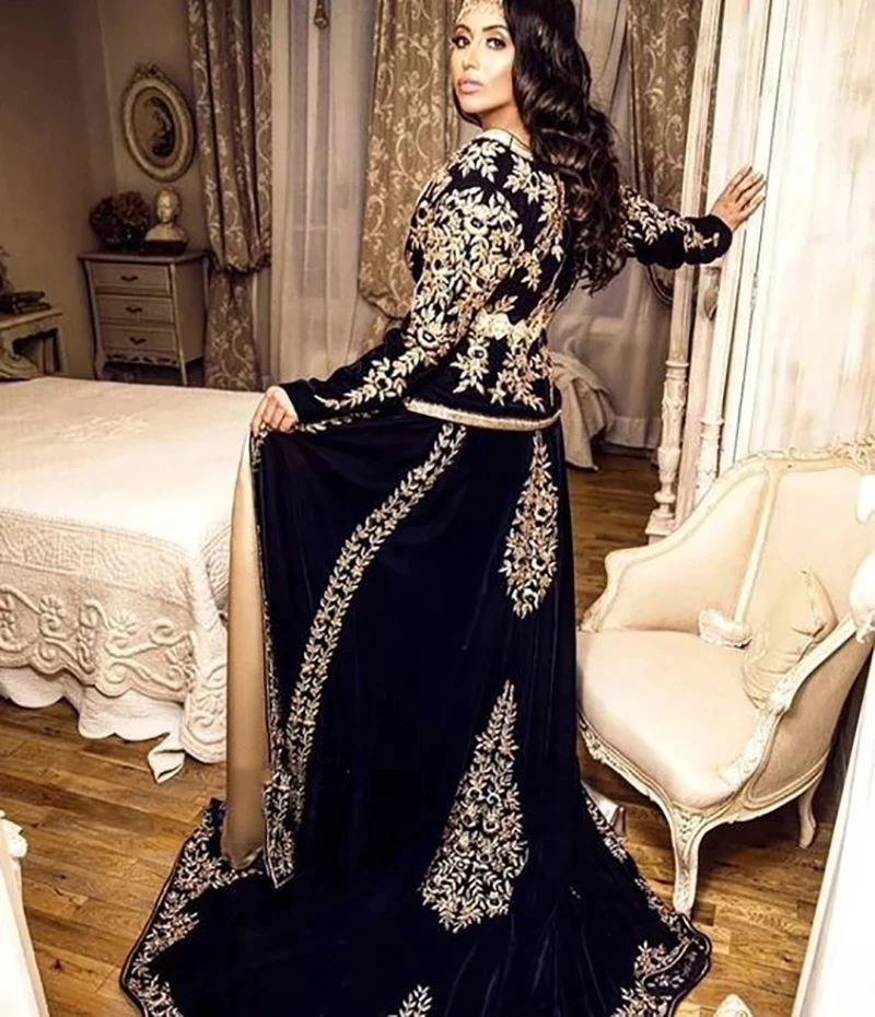 Navy Blue Moroccan Kaftan Caftan Muslim Evening Dresses Sheath Long Sleeves Appliques Dubai Arabic Abaya Islamic Gown Customized