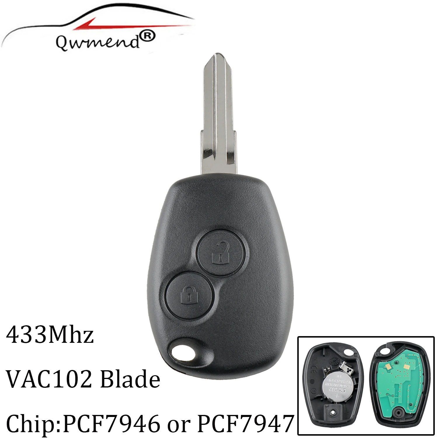 QWMEND 2 Button Remote Key For Renault Megan Modus Clio Modus Kangoo Logan Sandero Duster 433Mhz PCF7946/7947 Chip VAC102 Blade