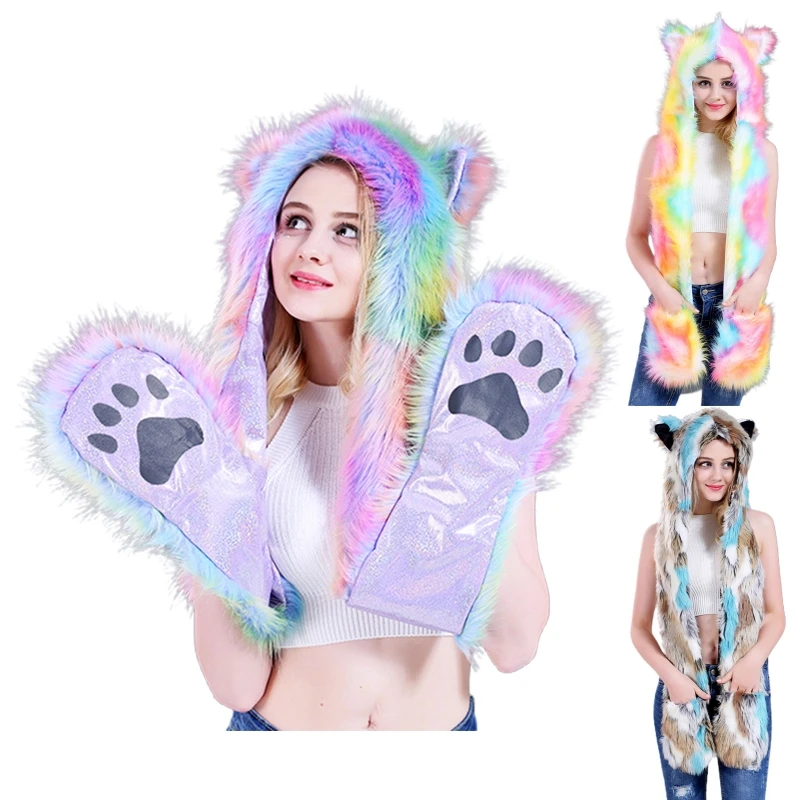 

Women 3 In 1 Furry Animal Hat Scarf Gloves Mittens Multifunctional Rainbow Colorful Fluffy Plush Hoodie with Paws Ears