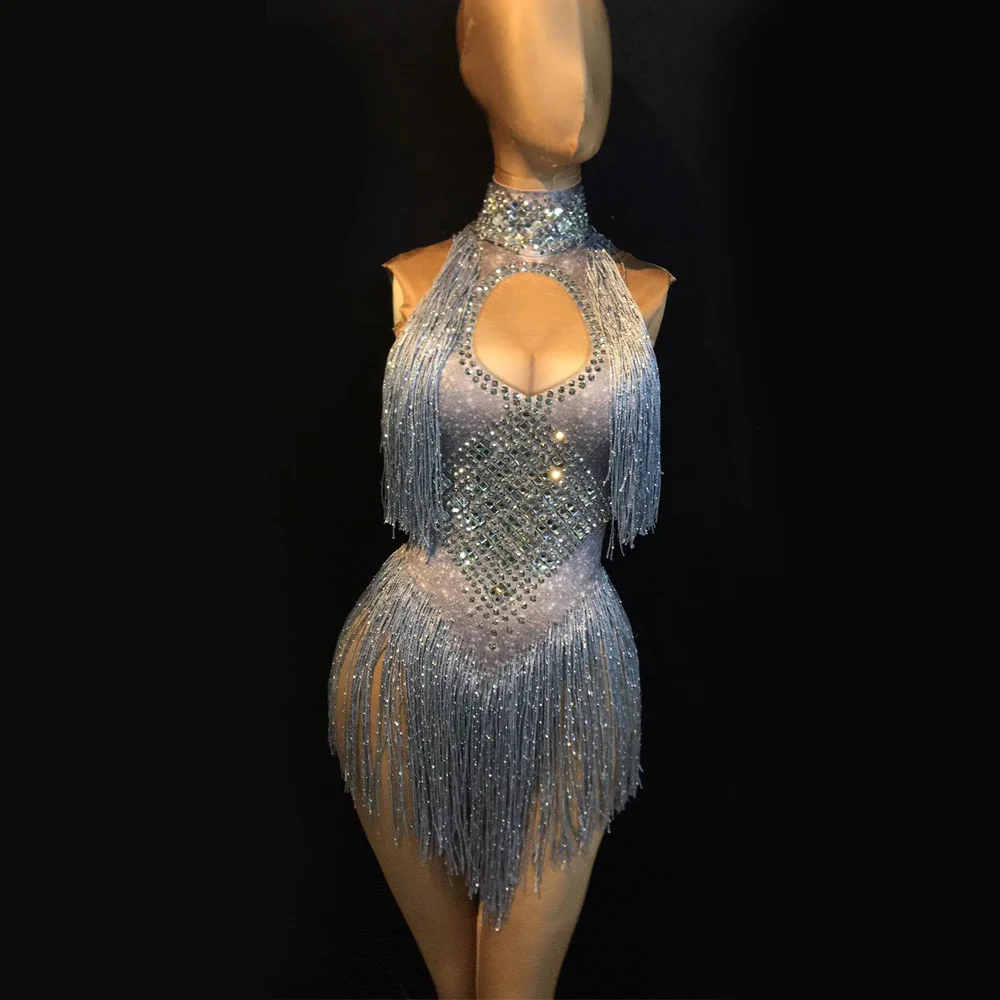 Trajes de baile para discoteca con borlas y diamantes de imitación brillantes, traje Sexy para DJ DS Show Stage Wear, traje de fiesta para cantante femenina