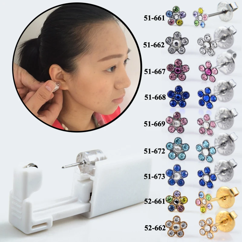1PC 316l Steel Sterilized Disposable Ear Piercing Units Gun Tools With Daisy Buttery Crystal Earring Stud Body Piercing Jewelry