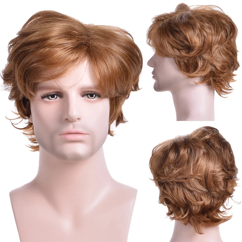 Men Brown Synthetic Wig Ombre Golden Short Wig for Men\'s Daily Cosplay Hair Realistic Natural Wigs Heat Resistant Breathable