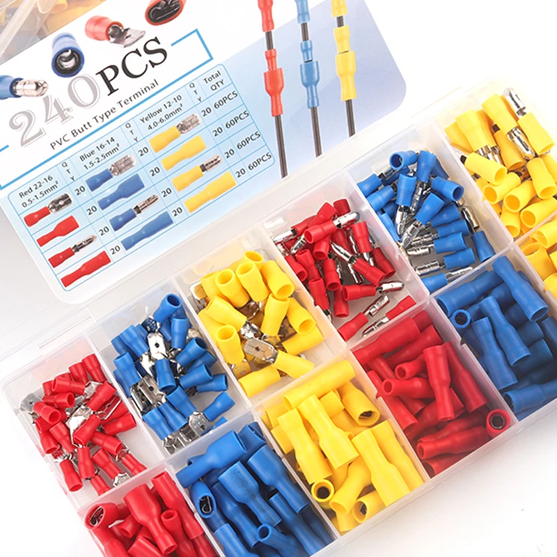 240PCS/Boxed Mixed pack Assorted Insulated Bullet/spade Butt Crimp Terminals Set  Electrical Wire Connector Blue Yellow Red