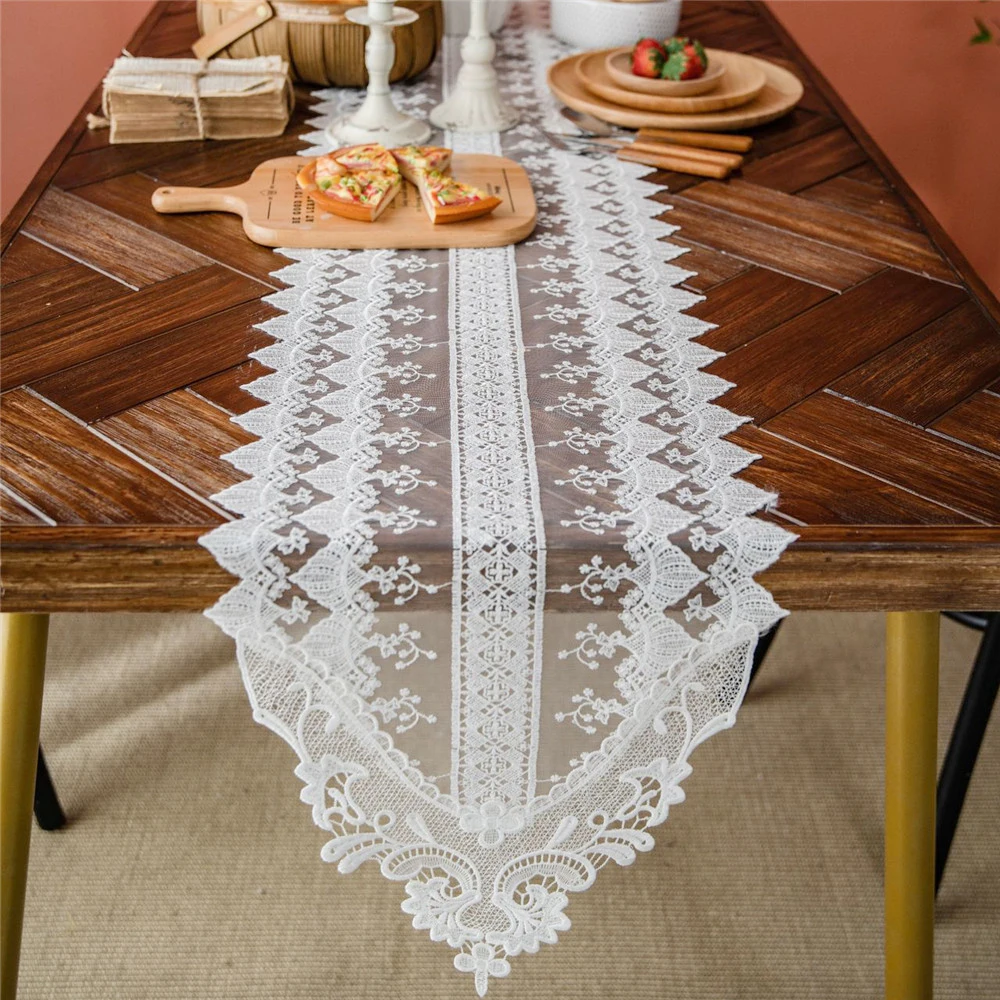 White Floral Embroidery Lace Table Runner Table Cover Chair Sash for Banquet Baptism Wedding Party Table Decoration Nordic Style