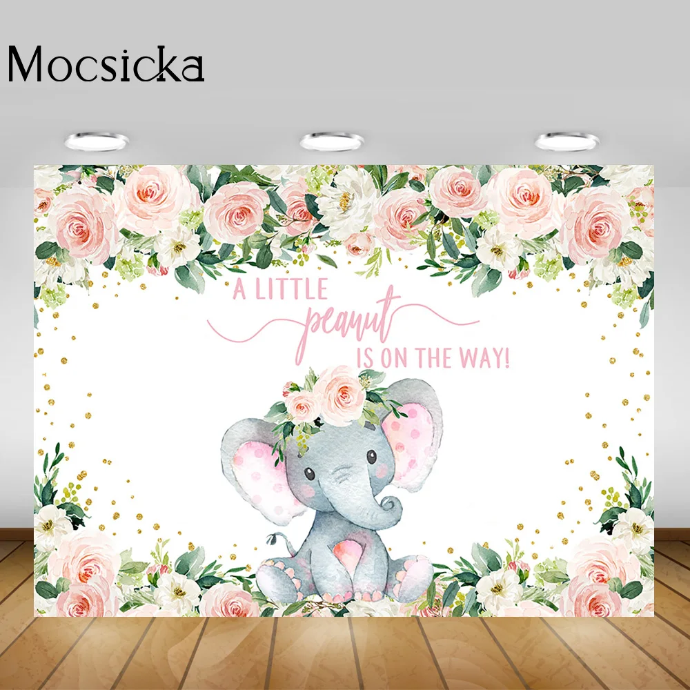 Little Peanut is on the Way Party Background Elephant Pink Colorful Flowers Leaf Backdrop Newborn Floral Girl Baby Shower Photo