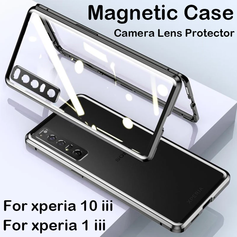 

360 Full Magnetic Case For Sony Xperia 10 iii 1 iii Phone Case 5 I V Aluminum Metal Bumper Tempered Glass Camera Protector Cover