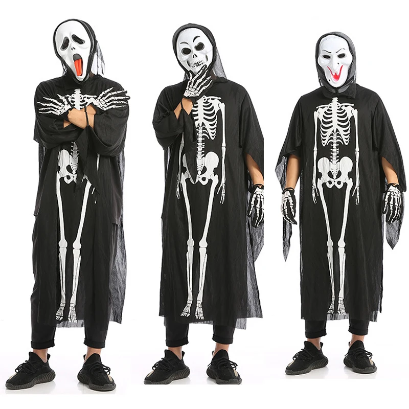 

New Adults Kids Halloween Skull Skeleton Demon Ghost Cosplay Costume With Scary Mask Carnival Masquerade Party Dress Up