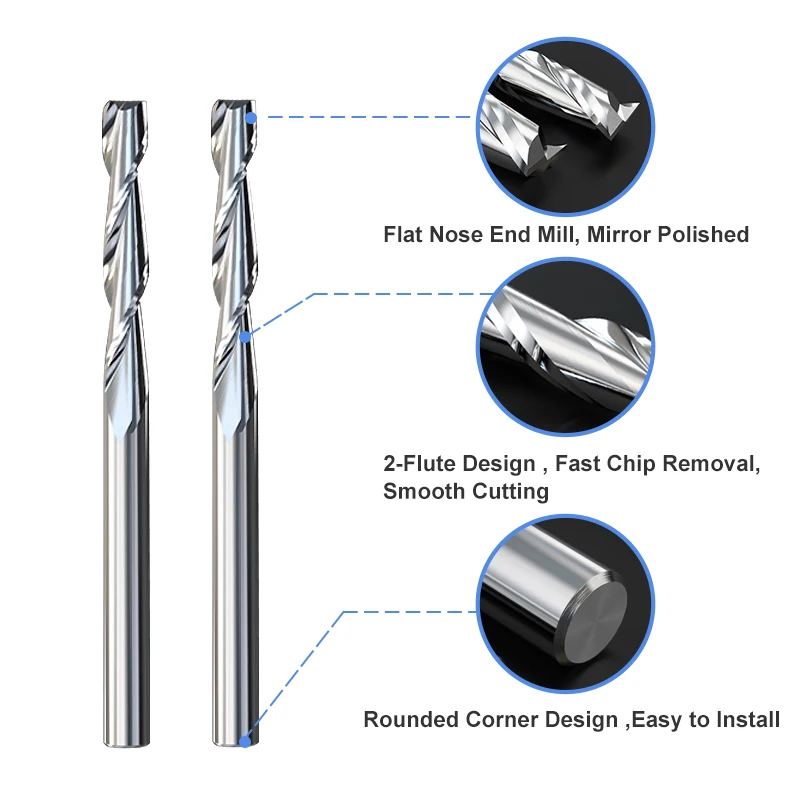 XCAN – fraises à queue plate en carbure, diamètre 2.0mm, 2 cannelures, tige de 3.175mm, 10 pièces