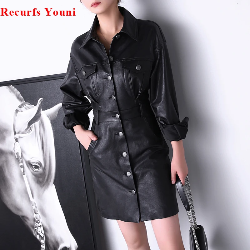 Vestidos De Mujer Casual Women Vintage Genuine Leather Long-Sleeved Dress Femme Chic Single-Breasted Pockets Midi Robe Street