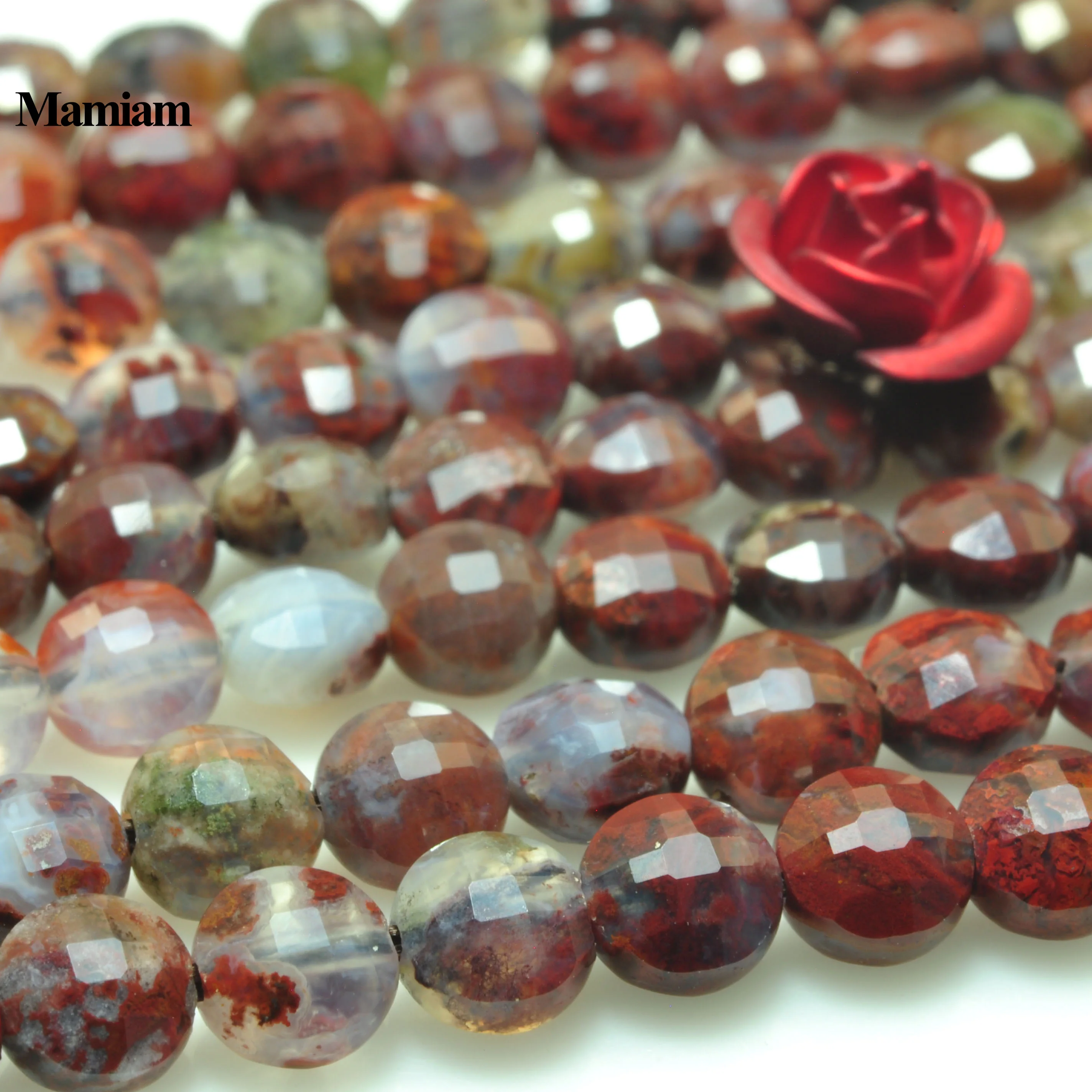 Mamiam Natural Red Heliotrope Bloodstone Faceted Flat Round Stone 4mm Smooth Loose Beads Diy Bracelet Necklace Jewelry Making