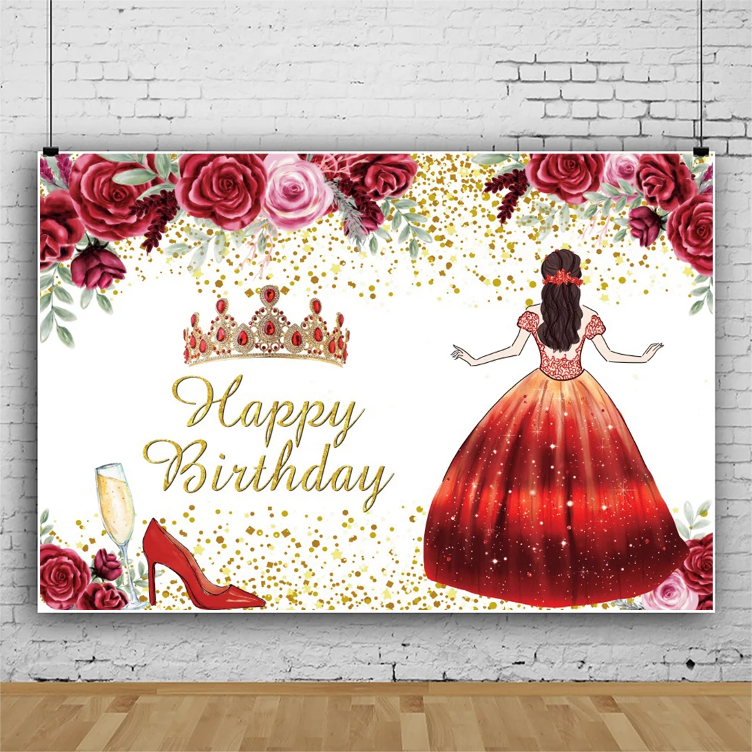 

Laeacco Princess Birthday Gold Polka Dot Background For Photography Red Rose High Heels Crown Personalized Poster Photo Backdrop