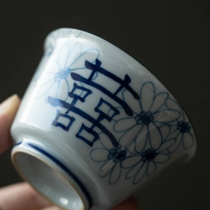 110ml Hand Painted Double Happiness Ceramic Tea Tureen Blue And White Porcelain Tea Maker Gaiwan Covered Bowl Kung Fu Teaware