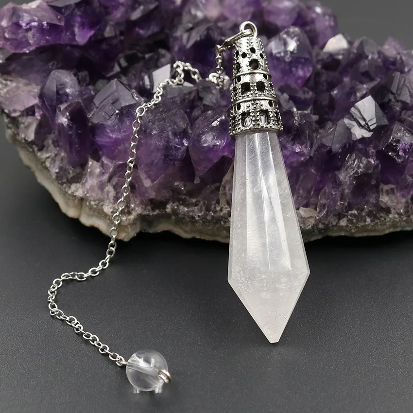 FYSL Silver Plated Hexagon Prism Clear Quartz Pendulum for Scrying Pendant Link Chain Labradorite Stone Jewelry