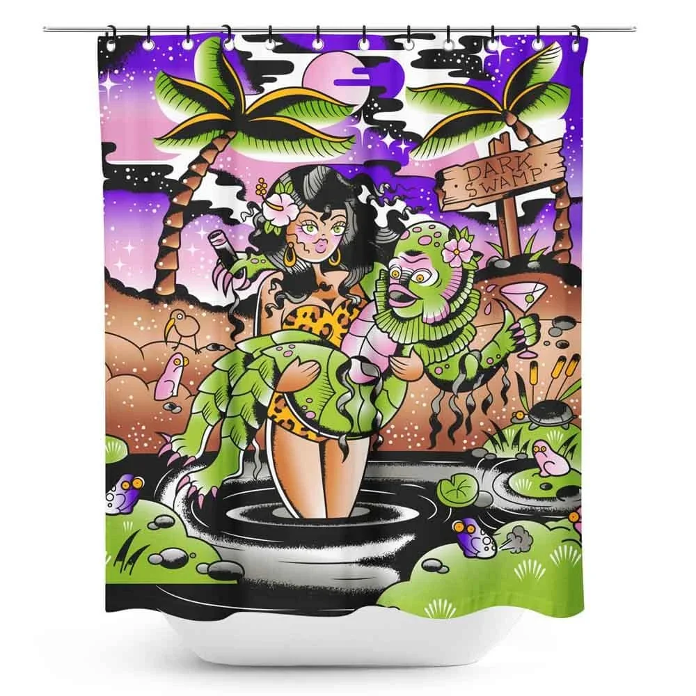 Sourpuss Dark Swamp Monster Shower Curtain Retro Tattoo Punk Gothic