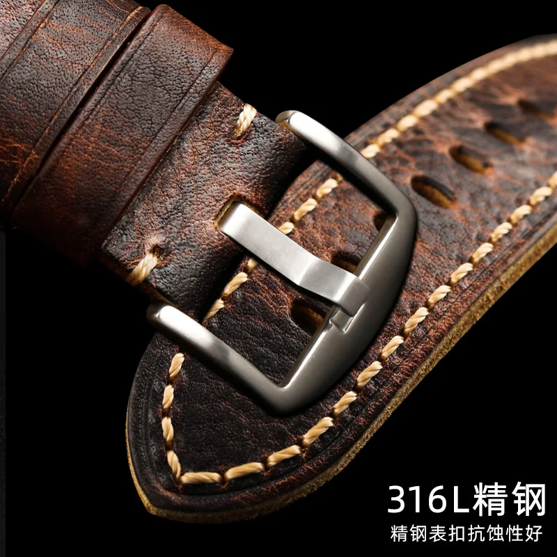 Hand-folded cowhide leather Watchband  for PAM111 20 22 24 26MM men\'s discolored brown retro style raw leather strap