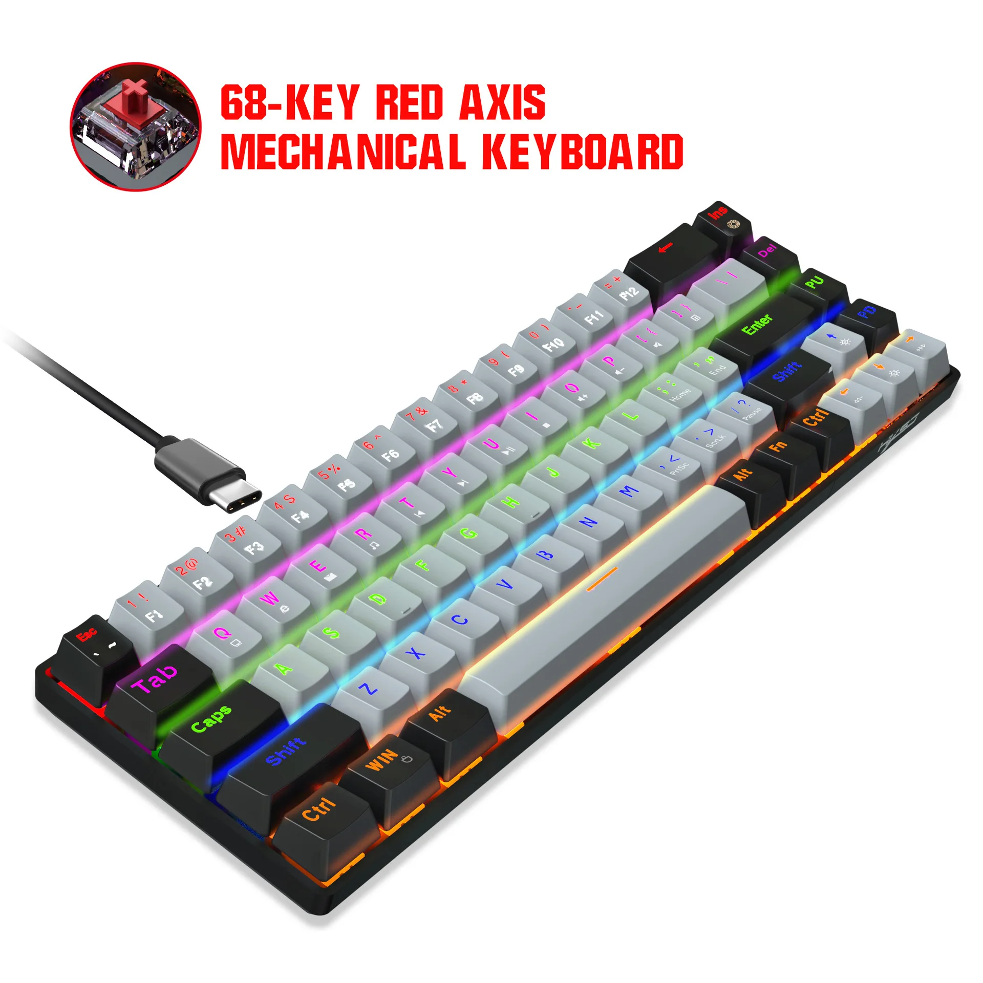 68-key Green-axis Red-axis Mechanical Keyboard Dual-color RGB Multi-backlight Key Line Separation Game Keyboard.