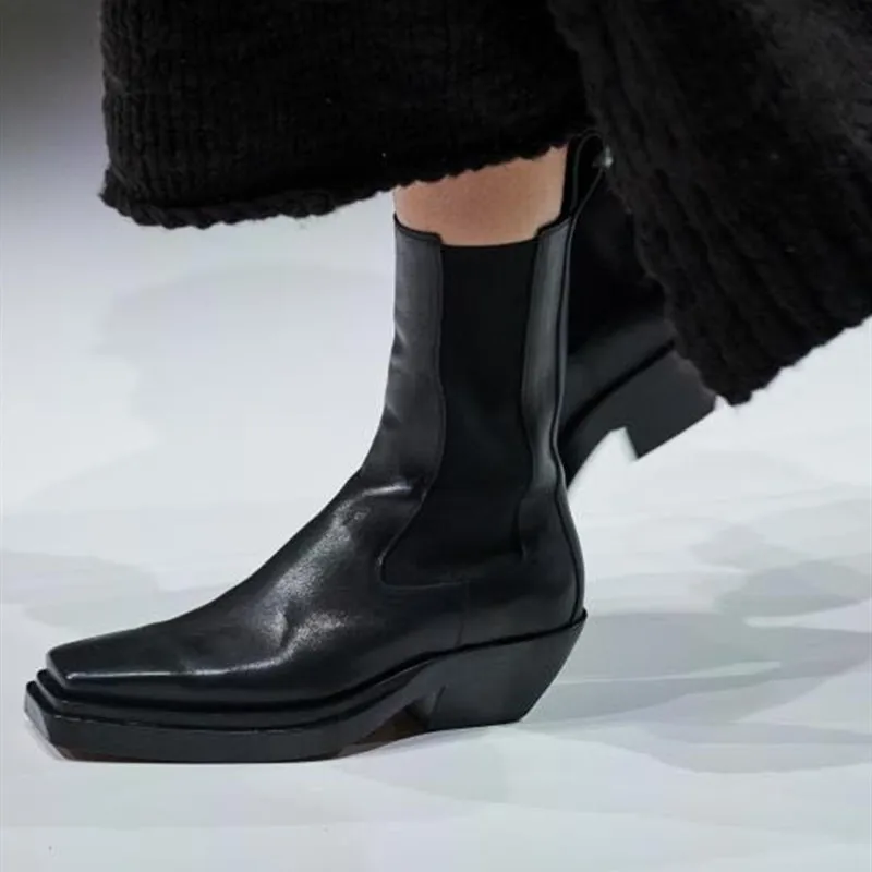 Kwadratowy palec u nogi na buty do kolan damskie szpilki skórzane Chelsea Boots Party Zapatos De Mujer 2020 Sexy luksusowe długie buty damskie