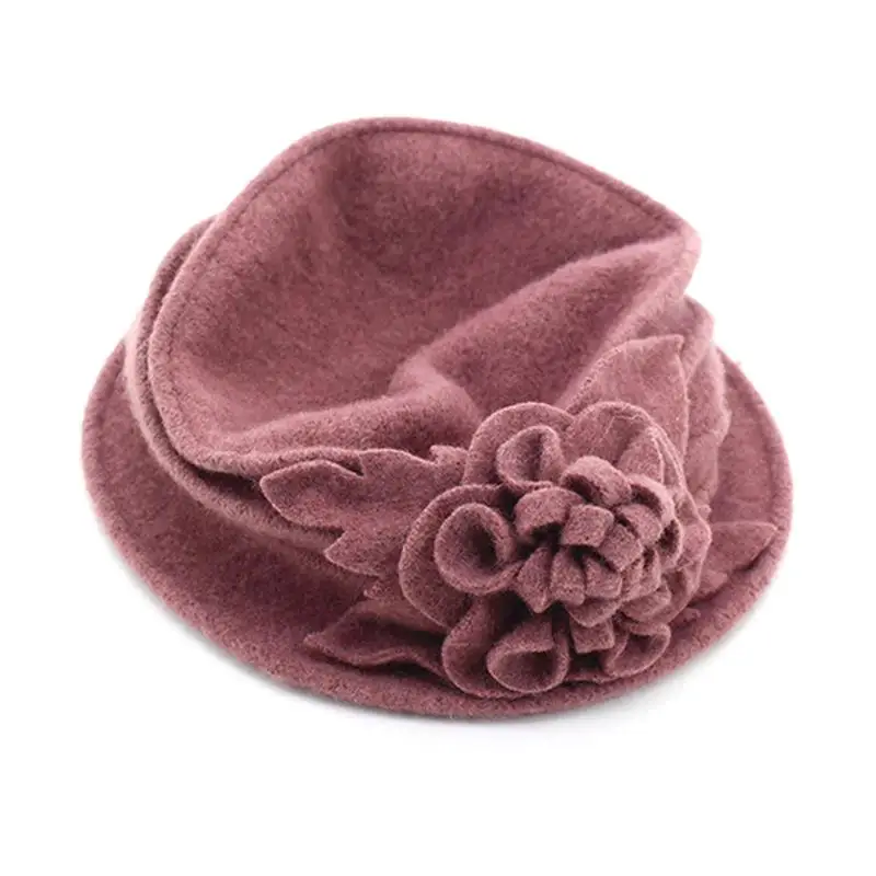 Women Cloche Hat Vintage Flower Warm Winter Bucket Hat Cloche Bucket Wool Hat For Party Dress Up Clothing Accessories