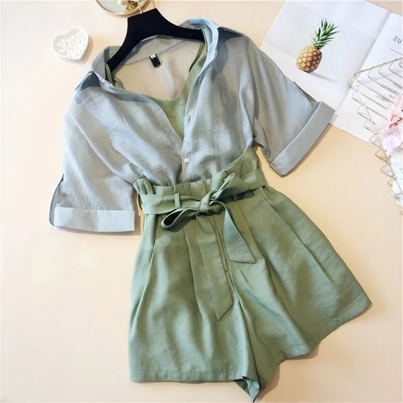 Summer  Women\'s 3 Pieces Sets Chiffon Blouse Tank And Elastic Waist Shorts Belt Female Set 2023 Casual Lady Suit