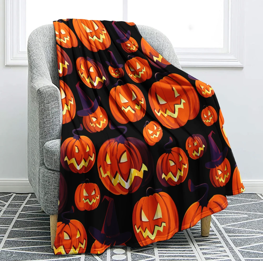 Halloween Pumpki Blanket Cartoon Hat Halloween Throw Blanket Sherpa Flannel Blanket Soft Cozy Plush Blanket For Sofa