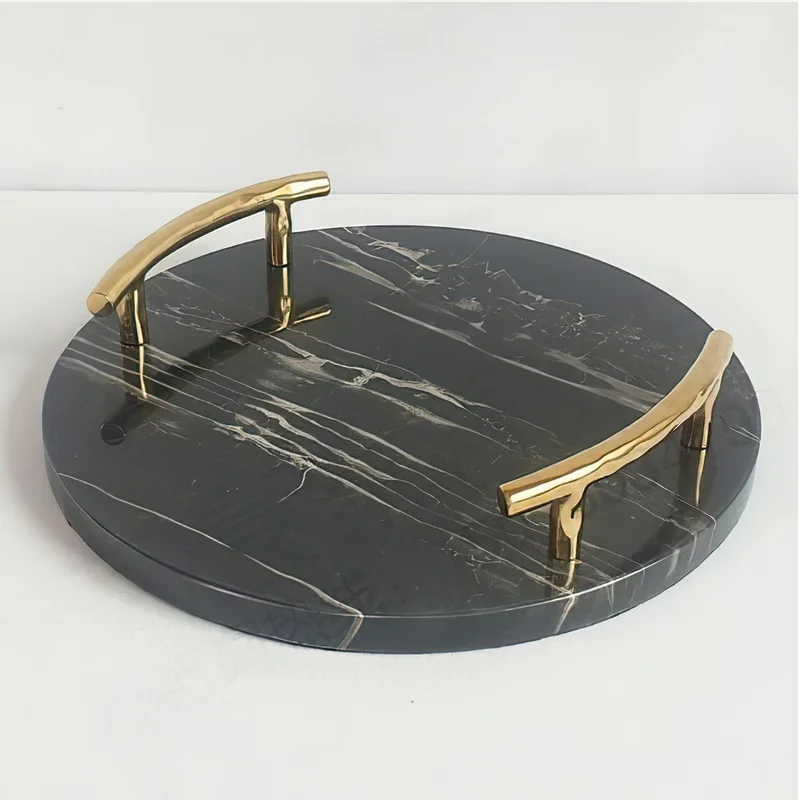 

Marble Tray Black Round Gold Metal Handle Fruit Dessert Plate Desktop Jewelry Display Home Kitchen Decoration Storage Supplies