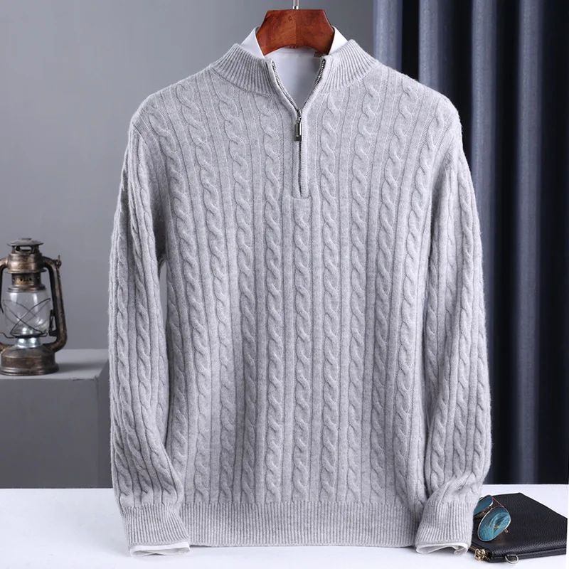 Autumn Winter 100% Wool Men's Slim Pullover Zipper Half High Neck Cashmere Knit Sweater Thick  Business Casual Large-Size Top