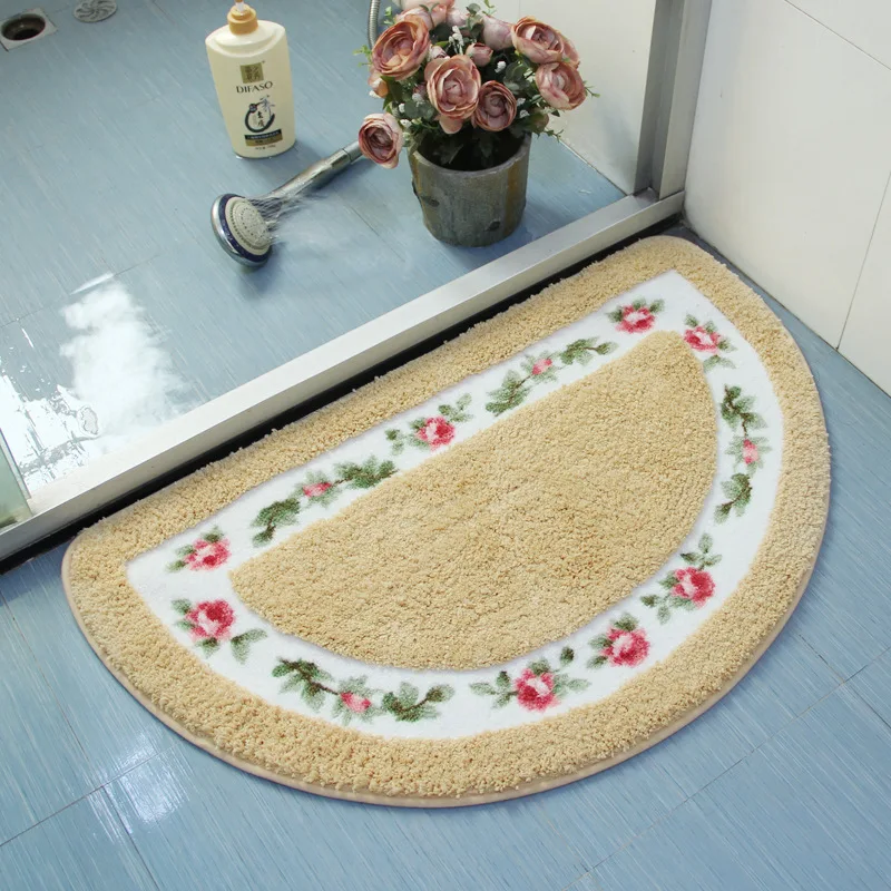 Semicircular Floral Floor Mat for Home Decor Non-Slip Bottom Bathroom Toilet Doormat Washable Suede Area Rug for Bedroom Kitchen