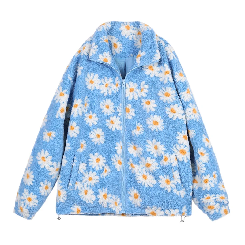 Jaket Bulu Domba Palsu Biru Mantel Panjang Tebal Hangat Musim Dingin Wanita Mantel Bulu Palsu Ritsleting Print Mode Mantel Mewah Pasangan Longgar Wanita