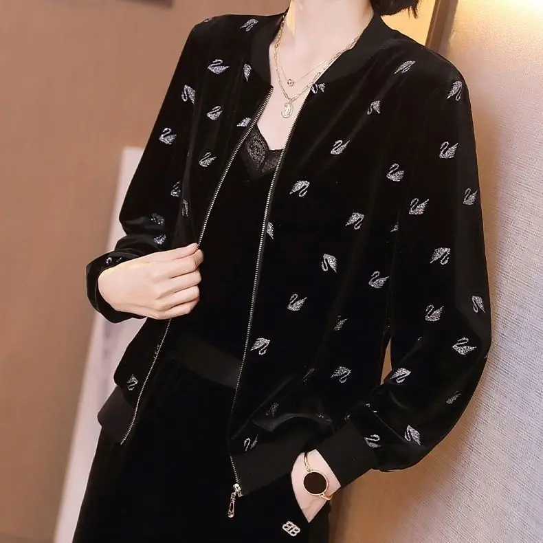 New 5XL Black Casual Gold Velvet Basic Coat Women\'s Spring Autumn Korean Bomber Zipper Baseball Uniform Loose Jacket