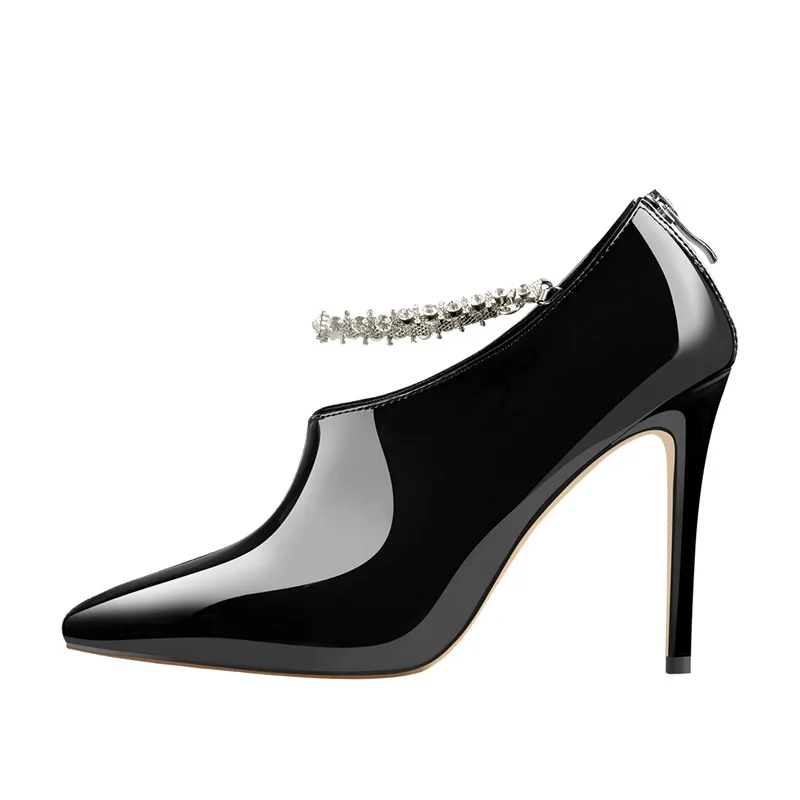 Onlymaker Women Pointed Toe Rhinestone Chain Black Patent Leather Thin High Heel Sexy Stiletto Boots