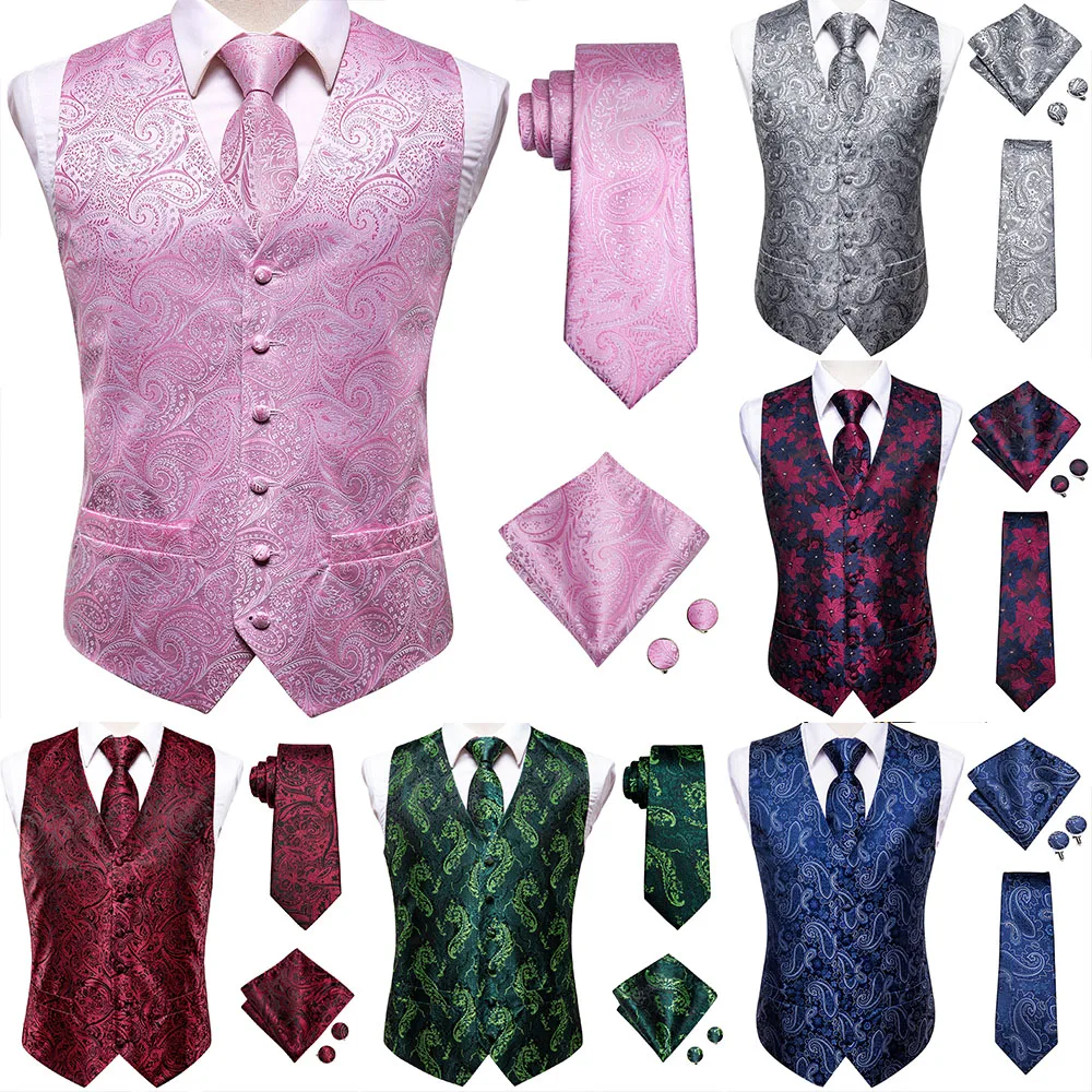 Hi-Tie Pink Green Paisley Silk Dress Vest Set For Men Dark Blue Jacquard Mens Suit Vest Male Waistcoat For Wedding Formal Jacket