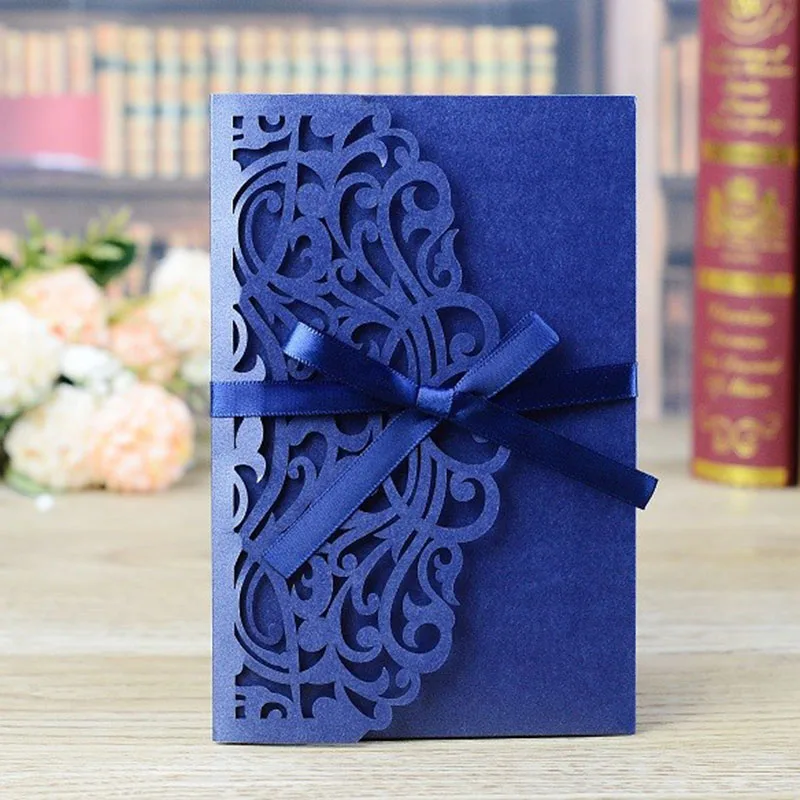 1pcs Laser Cut Wedding Invitations Card Tri-Fold Elegant Lace Business Flowers Greeting Cards & Ribbon Wedding Party Decoration