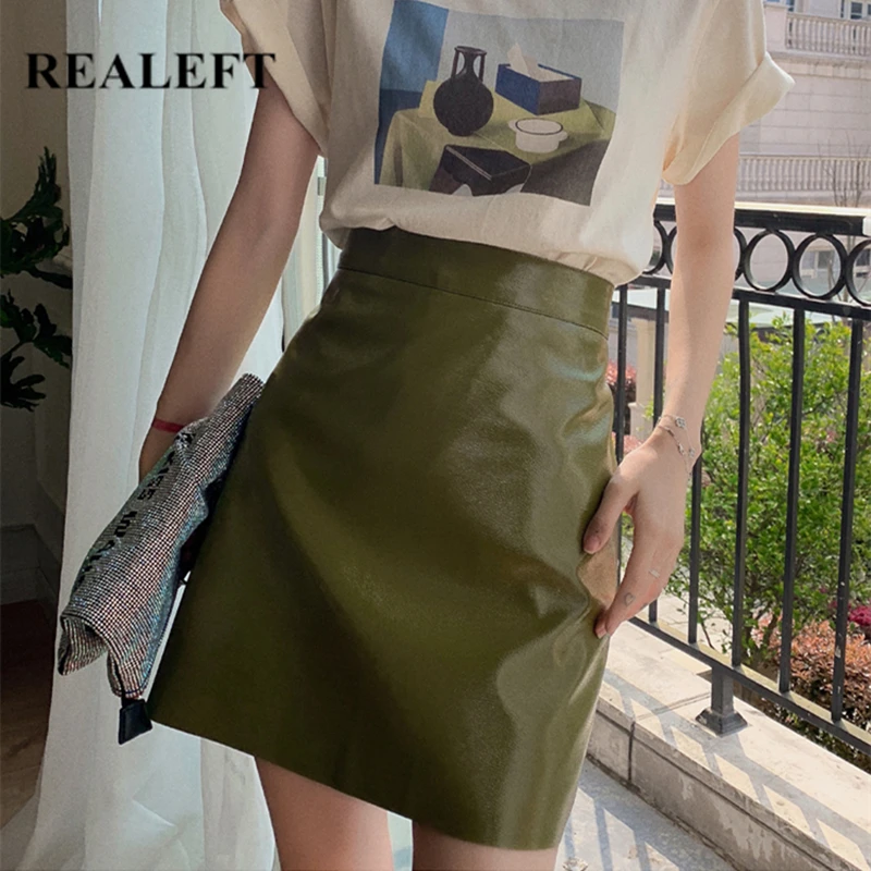 REALEFT Stylish PU Leather Women's Wrap Mini Skirts 2021 New Summer Green A-Line Skirts High Waist Street Female Skater Skirts