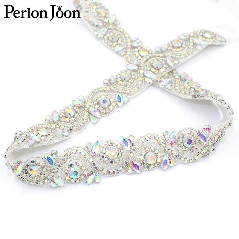 Handmade rhinestone trim band Hot Fix Sew on bridal accessories the Sash AB Crystal Applique for Wedding Dress belt WH043