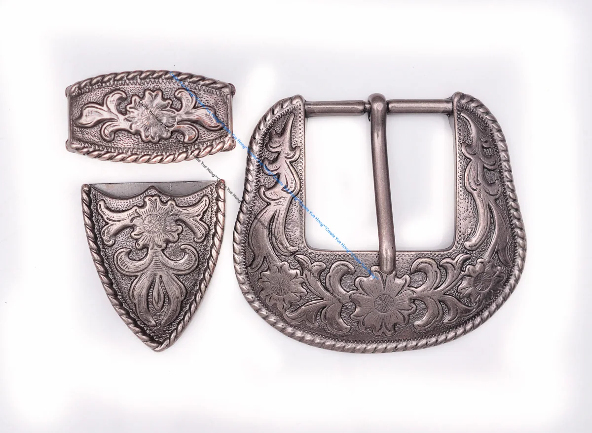 

Antique Silver Western Floral Decor Cowboy Cowgirl Rodeo 3-Piece Set Belt Buckle Replacement Unisex Fits 1 1/2" Strap