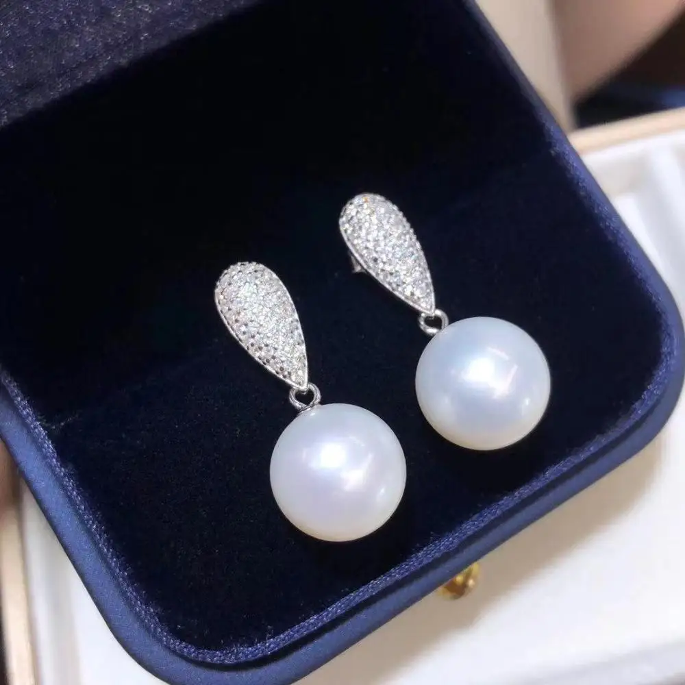 D902 Pearl Earrings Fine Jewelry 925 Sterling Silver Round 9-10mm Nature Fresh Water White Pearls Drop Dangle Earrings for Women