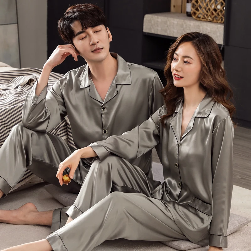 Mùa Thu Và Mùa Đông Màu Cặp Đôi Pyjama Set Cổ Bẻ Lụa Hai Mảnh Nhà Quần Áo