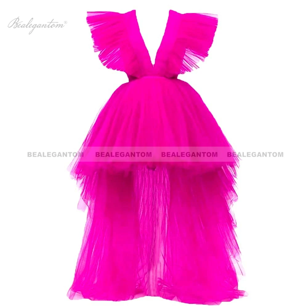 Bealegantom Custom Made Red High Low Evening Dresses Prom Puffy V Neck Dubai Saudi Arabic Special Occasion Formal Party Gowns