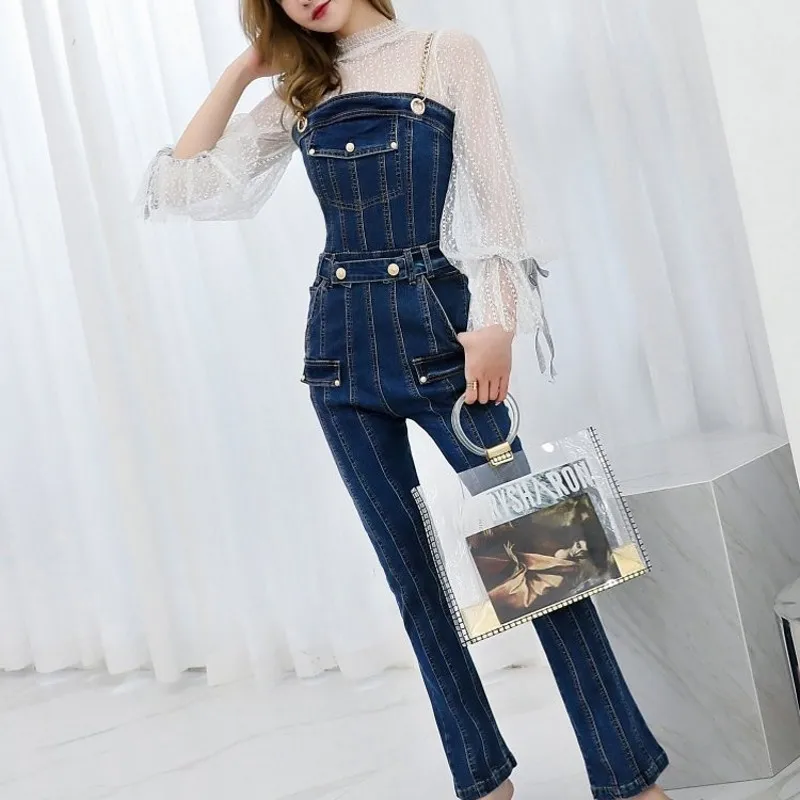 

High Street Sleeveless Chain Spaghettei Strap Womens Denim Jumpsuits Slim Fit Pockets Full Length Flare Pants Female Overalls