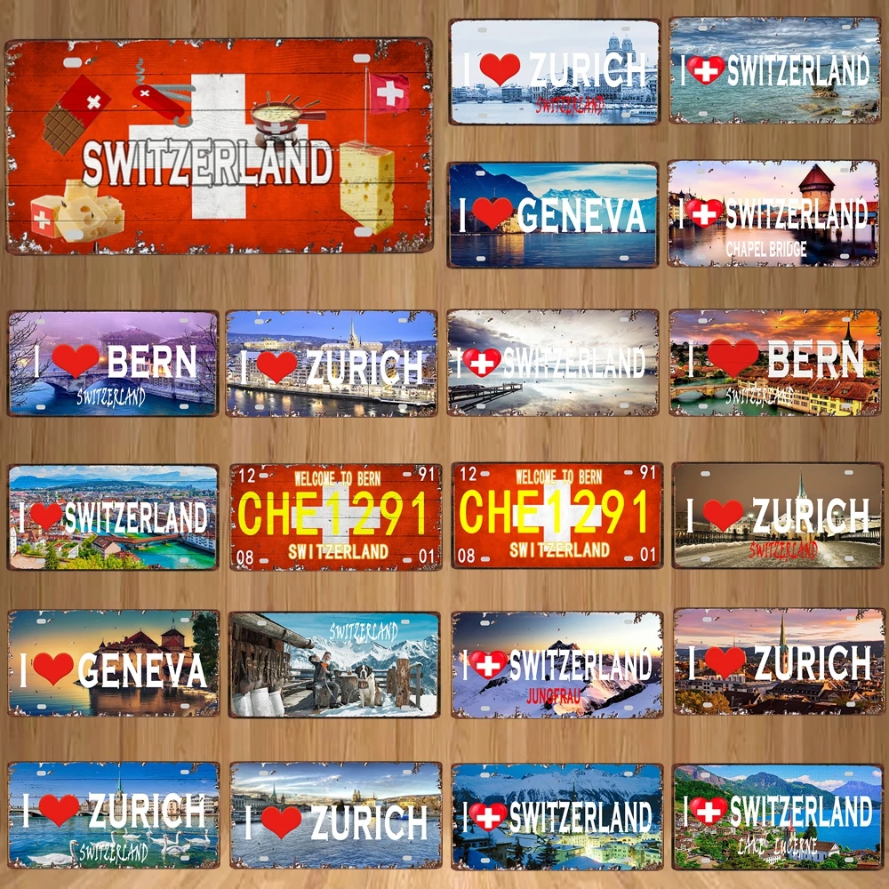 【YZFQ】30X15CM Switzerland Landscape Geneva Zurich City Vintage Metal Sign Travel Souvenir Wall Bar Home Shop Decor DC-1120B