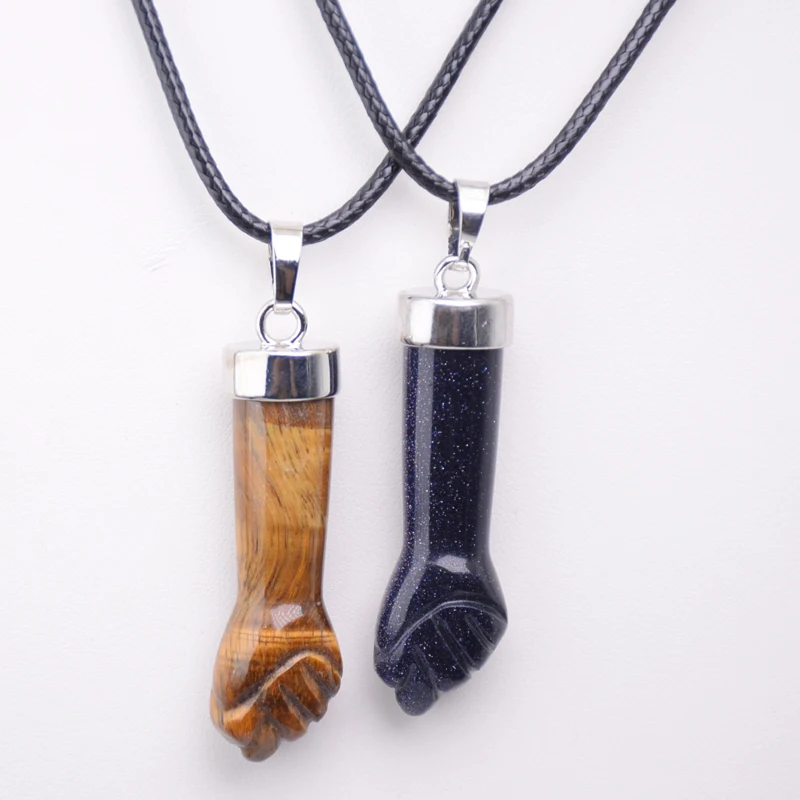 New Design Natural Stone Pendant Necklaces Carved Fist Arm Purple Crystal Quartzs Tiger Eye Lapis Charms Women Men Reiki Jewelry